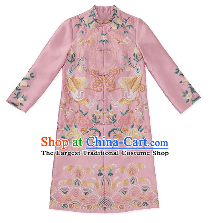 China National Embroidered Pink Brocade Dust Coat Traditional Tang Suit Outer Garment Cotton Wadded Coat