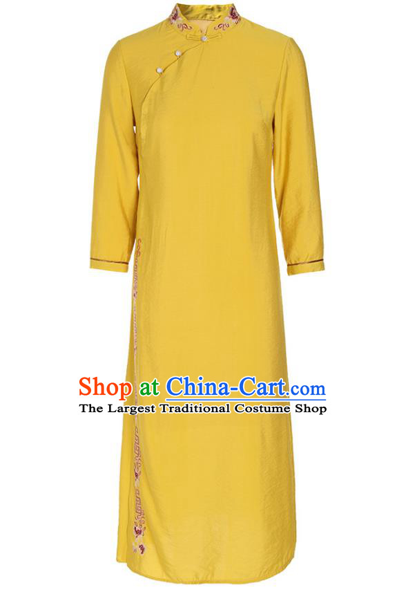 Chinese Tang Suit Embroidered Yellow Cheongsam Costume Traditional Woman Slant Opening Qipao Dress