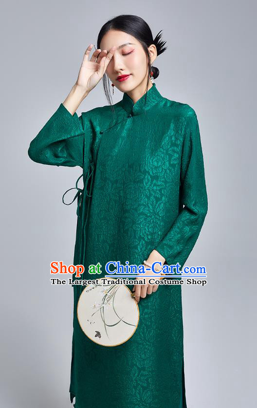 China Classical Silk Cheongsam Costume Traditional Young Lady Deep Green Brocade Qipao Dress