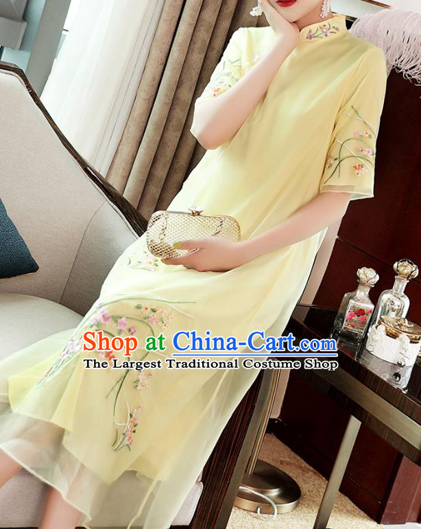 Chinese Traditional Tang Suit Qipao Dress Embroidered Light Yellow Organdy Cheongsam Costume