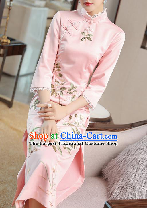 Chinese Embroidered Pink Satin Qipao Dress Traditional Tang Suit Cheongsam Costume