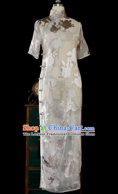 Chinese Traditional White Silk Qipao Dress Classical Tang Suit Cheongsam