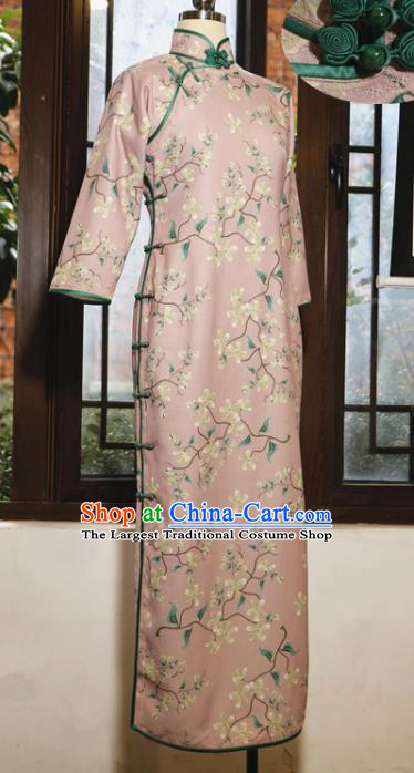 Chinese Traditional Minguo Printing Pink Qipao Dress Classical Tang Suit Slim Cheongsam