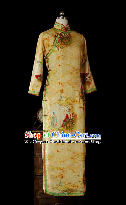 Chinese Classical Tang Suit Slim Cheongsam Traditional Minguo Printing Yellow Flax Qipao Dress