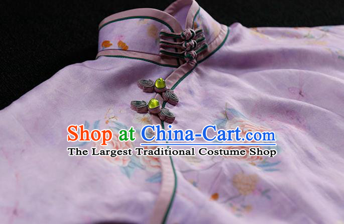Republic of China Classical Slim Cheongsam Traditional Minguo Tang Suit Printing Peony Violet Flax Qipao Dress