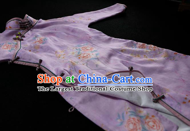 Republic of China Classical Slim Cheongsam Traditional Minguo Tang Suit Printing Peony Violet Flax Qipao Dress