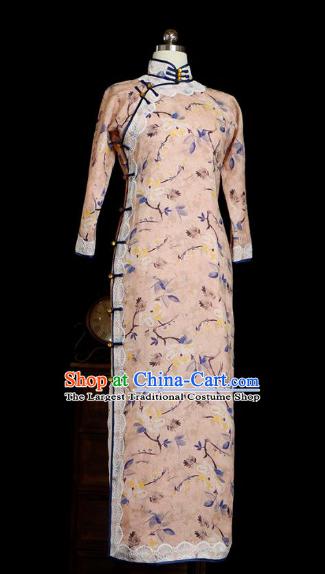 Republic of China Tang Suit Printing Pink Qipao Dress Traditional Minguo Young Lady Lace Cheongsam