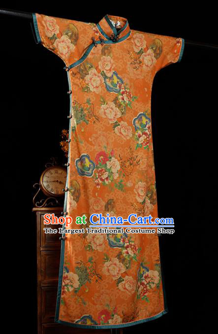 Republic of China Printing Peacock Peony Qipao Dress Traditional Minguo Classical Orange Gambiered Guangdong Gauze Cheongsam