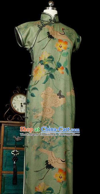 Republic of China Printing Green Gambiered Guangdong Gauze Qipao Dress Traditional Minguo Classical Shanghai Cheongsam