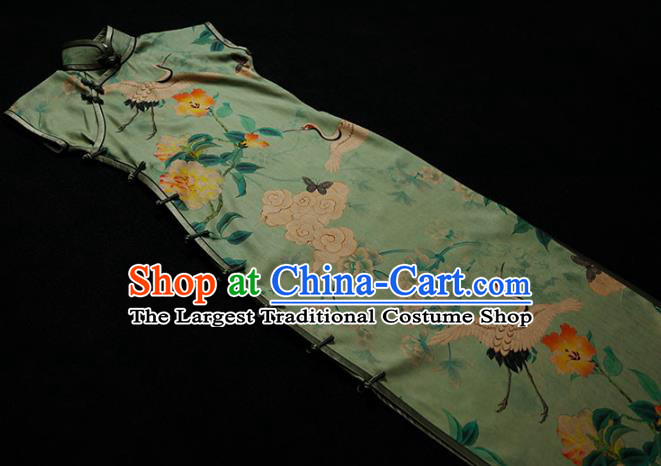 Republic of China Printing Green Gambiered Guangdong Gauze Qipao Dress Traditional Minguo Classical Shanghai Cheongsam