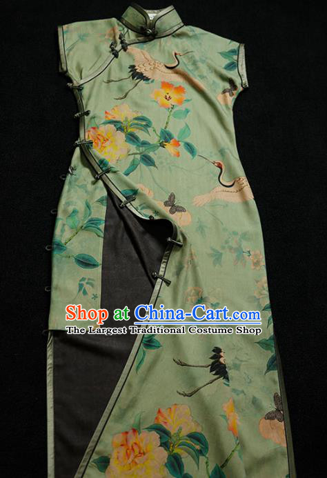 Republic of China Printing Green Gambiered Guangdong Gauze Qipao Dress Traditional Minguo Classical Shanghai Cheongsam