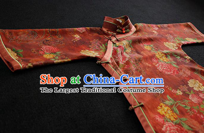 Republic of China Classical Red Gambiered Guangdong Gauze Cheongsam Traditional Minguo Shanghai Printing Peony Qipao Dress