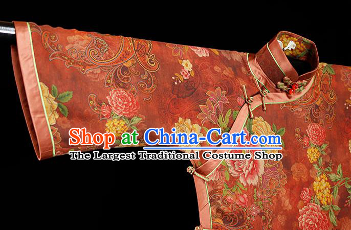 Republic of China Classical Red Gambiered Guangdong Gauze Cheongsam Traditional Minguo Shanghai Printing Peony Qipao Dress