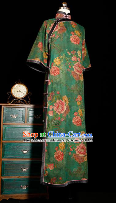 Republic of China Classical Printing Peony Cheongsam Traditional Minguo Shanghai Beauty Green Silk Qipao Dress