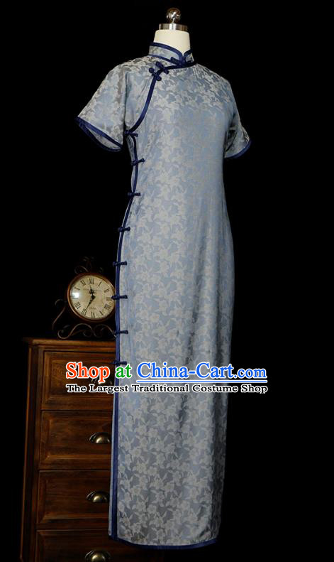 Republic of China Classical Blue Silk Cheongsam Traditional Minguo Young Lady Qipao Dress