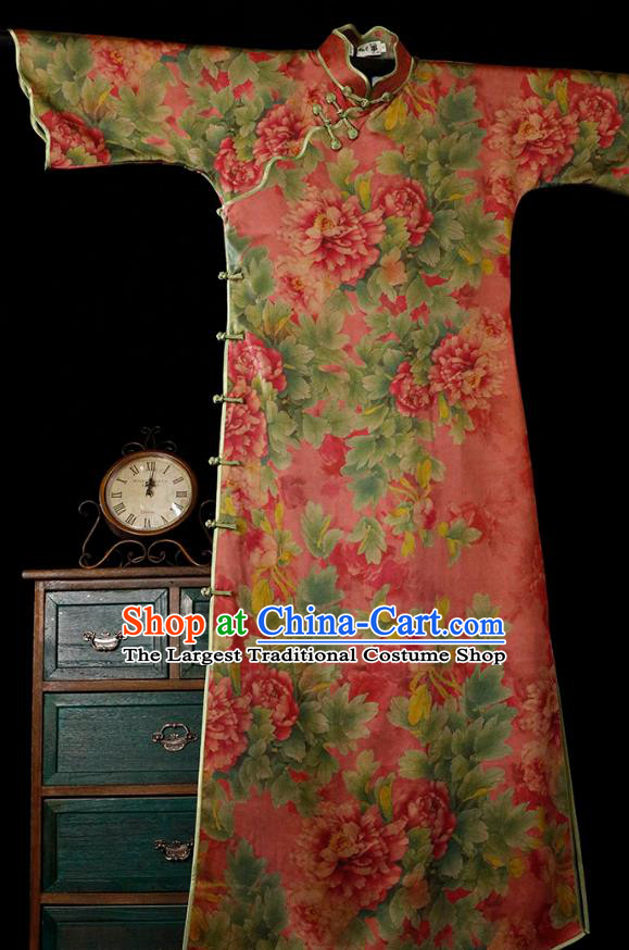 Republic of China Classical Gambiered Guangdong Gauze Cheongsam Traditional Minguo Printing Peony Red Qipao Dress