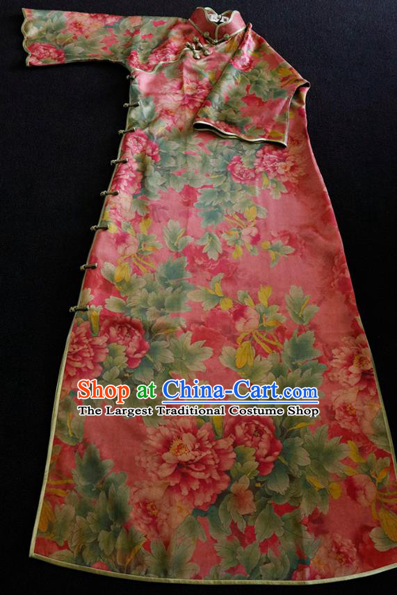 Republic of China Classical Gambiered Guangdong Gauze Cheongsam Traditional Minguo Printing Peony Red Qipao Dress