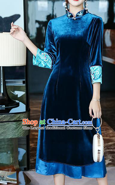 Chinese Traditional Embroidered Blue Velvet Qipao Dress Tang Suit Cheongsam Costume