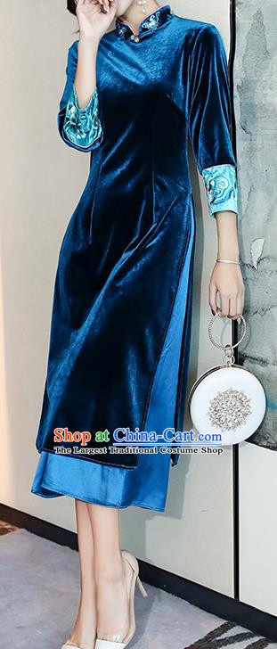 Chinese Traditional Embroidered Blue Velvet Qipao Dress Tang Suit Cheongsam Costume