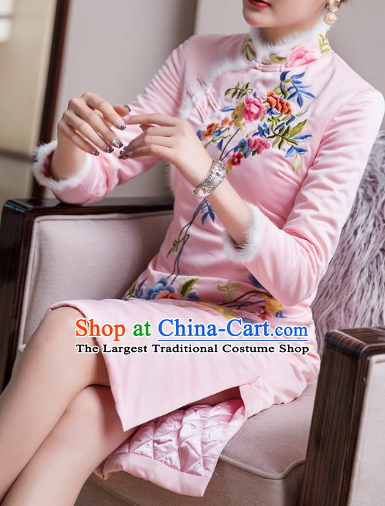 Chinese Tang Suit Cheongsam Bride Costume Traditional Wedding Embroidered Pink Qipao Dress