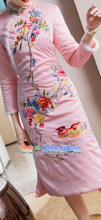 Chinese Tang Suit Cheongsam Bride Costume Traditional Wedding Embroidered Pink Qipao Dress