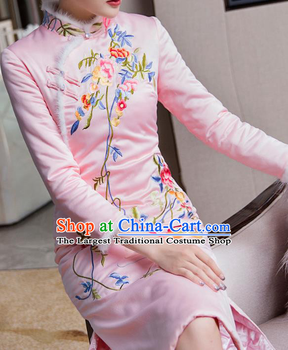 Chinese Tang Suit Cheongsam Bride Costume Traditional Wedding Embroidered Pink Qipao Dress