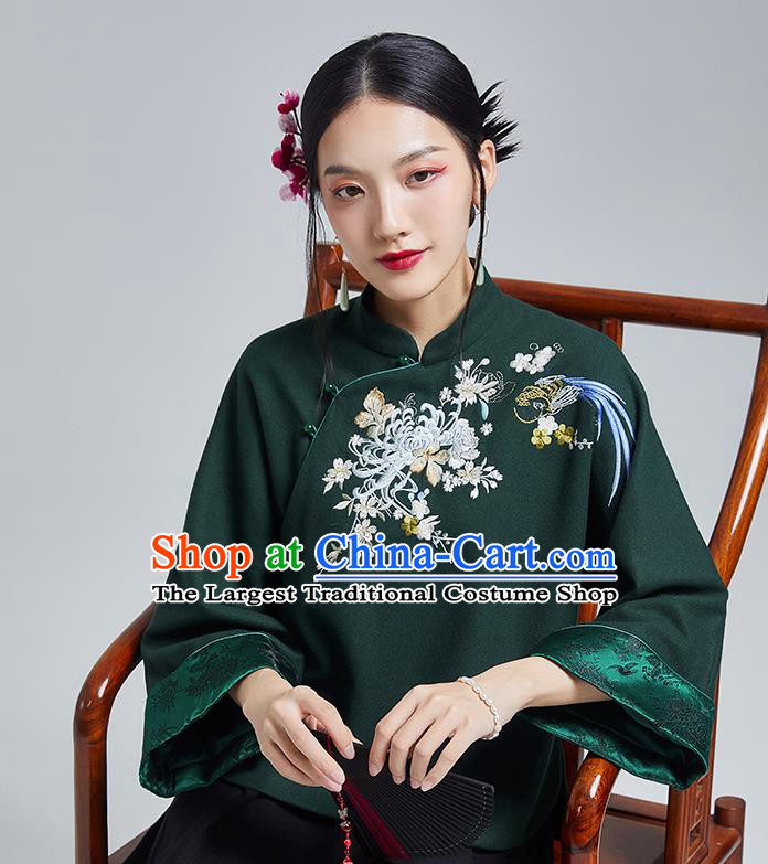 Chinese Traditional Tang Suit Embroidered Chrysanthemum Outer Garment National Atrovirens Woolen Cotton Wadded Jacket