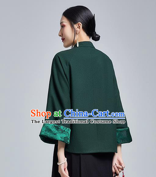 Chinese Traditional Tang Suit Embroidered Chrysanthemum Outer Garment National Atrovirens Woolen Cotton Wadded Jacket