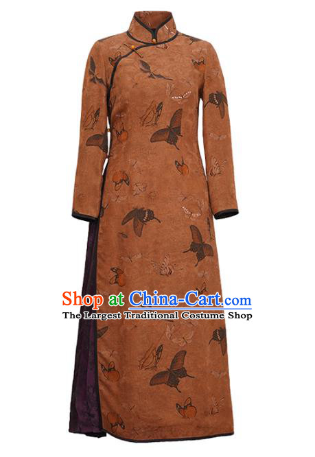 Republic of China Classical Butterfly Pattern Design Qipao Dress Top Brown Silk Female Cheongsam