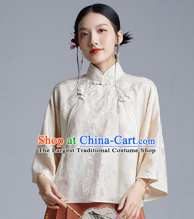 Chinese Classical Cheongsam Beige Silk Blouse Traditional Tang Suit Shirt Upper Outer Garment