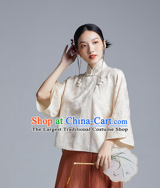 Chinese Classical Cheongsam Beige Silk Blouse Traditional Tang Suit Shirt Upper Outer Garment