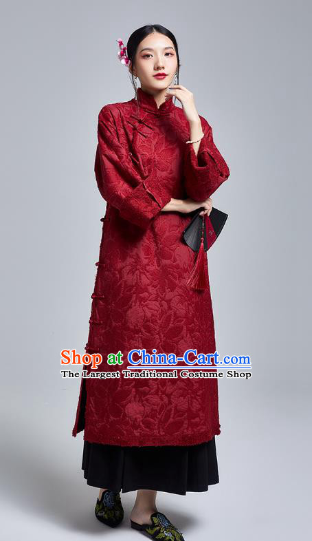 China Classical Embroidered Wine Red Cheongsam Costume Traditional Young Lady Loose Qipao Dress
