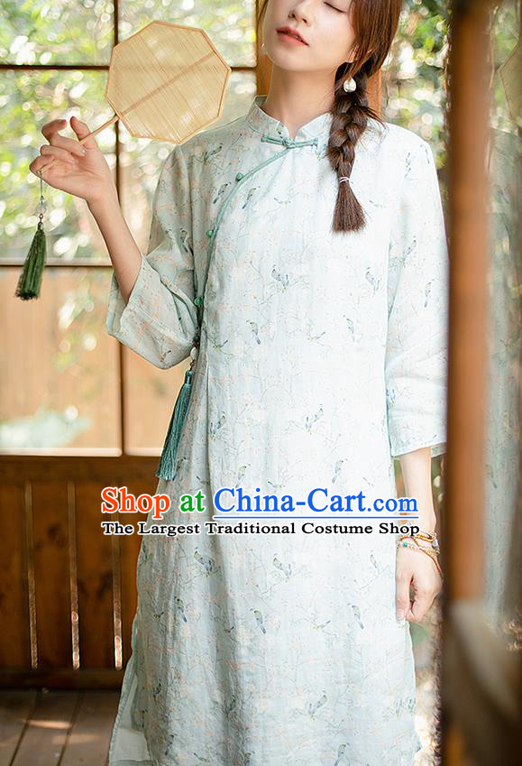 China Classical Light Green Ramie Cheongsam Zen Costume Traditional Young Lady Printing Qipao Dress