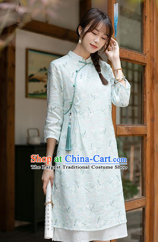 China Classical Light Green Ramie Cheongsam Zen Costume Traditional Young Lady Printing Qipao Dress