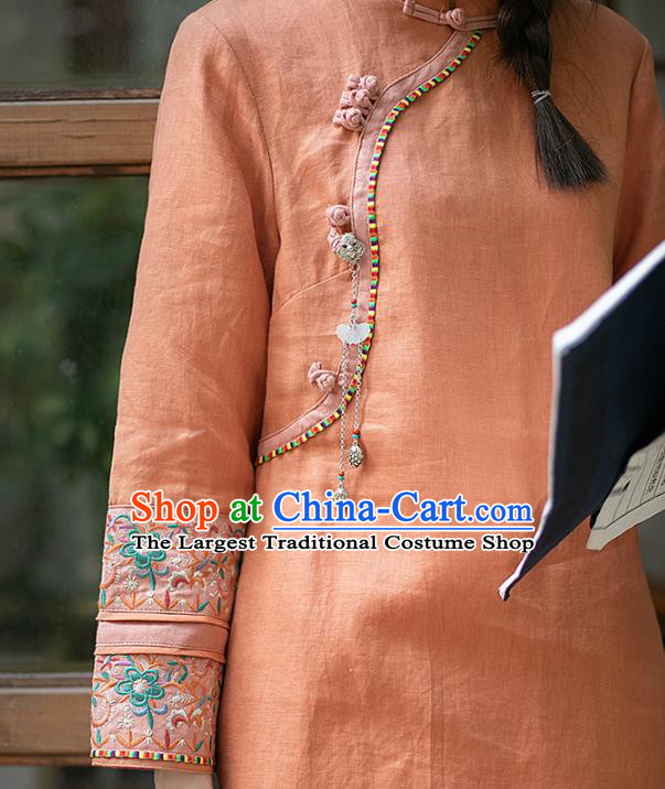 Chinese Traditional Tang Suit Long Shirt Classical Cheongsam Embroidered Orange Flax Blouse
