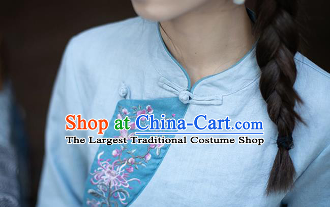 China Traditional Young Lady Blue Flax Qipao Dress Classical Embroidered Cheongsam Zen Costume