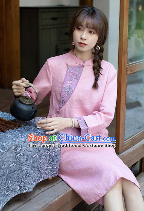 China Zen Costume Traditional Young Lady Pink Flax Qipao Dress Classical Embroidered Cheongsam