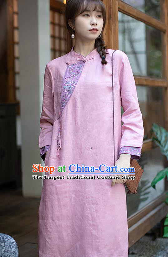 China Zen Costume Traditional Young Lady Pink Flax Qipao Dress Classical Embroidered Cheongsam