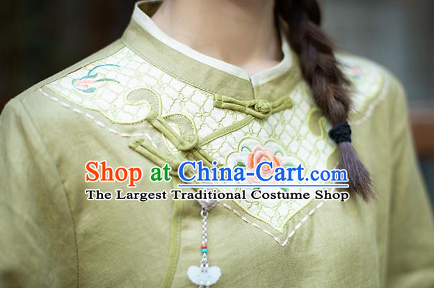China Classical Embroidered Cheongsam Zen Costume Traditional Young Lady Green Flax Qipao Dress