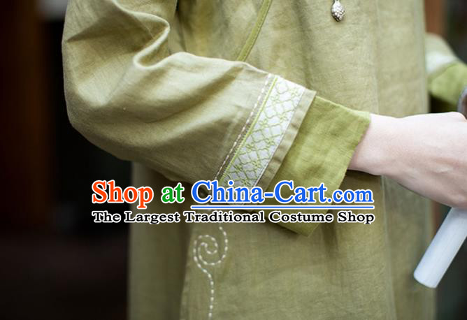 China Classical Embroidered Cheongsam Zen Costume Traditional Young Lady Green Flax Qipao Dress