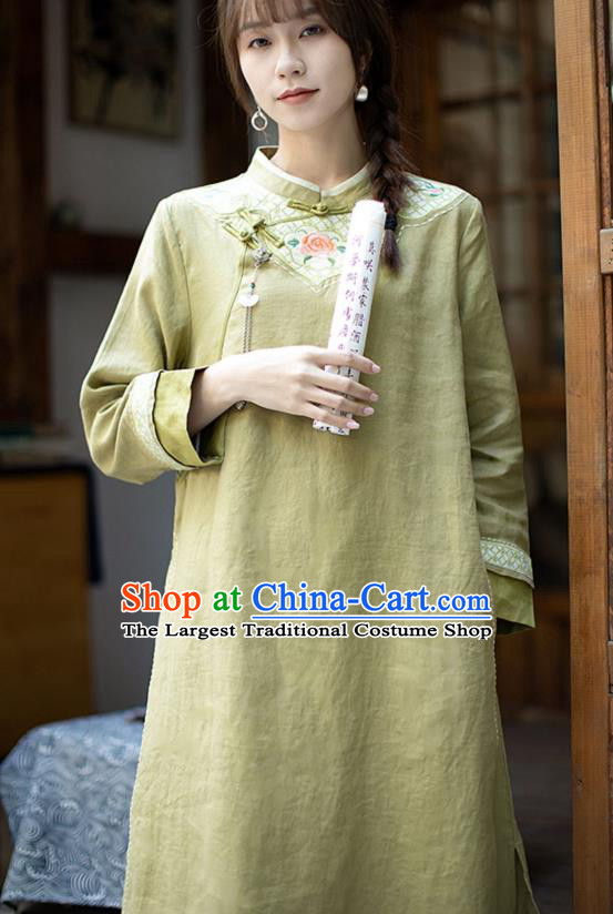 China Classical Embroidered Cheongsam Zen Costume Traditional Young Lady Green Flax Qipao Dress