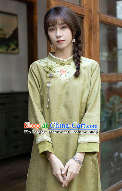 China Classical Embroidered Cheongsam Zen Costume Traditional Young Lady Green Flax Qipao Dress