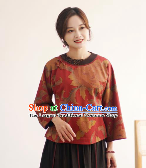 China Traditional Red Watered Gauze Upper Outer Garment Classical Cheongsam Shirt National Silk Shirt