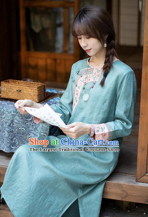 China Classical Embroidered Green Cheongsam Zen Flax Costume Traditional Young Lady Qipao Dress