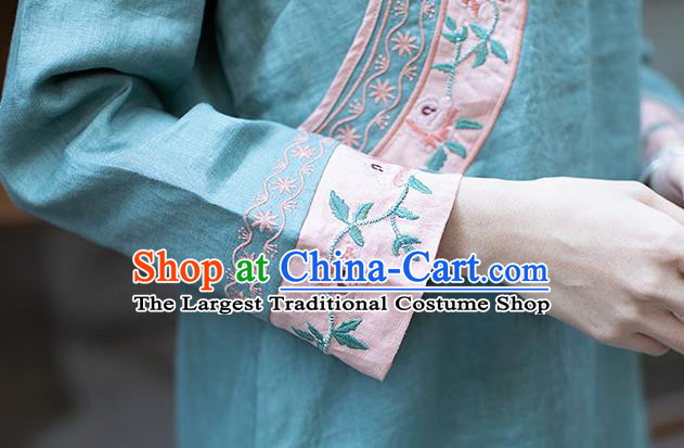 China Classical Embroidered Green Cheongsam Zen Flax Costume Traditional Young Lady Qipao Dress