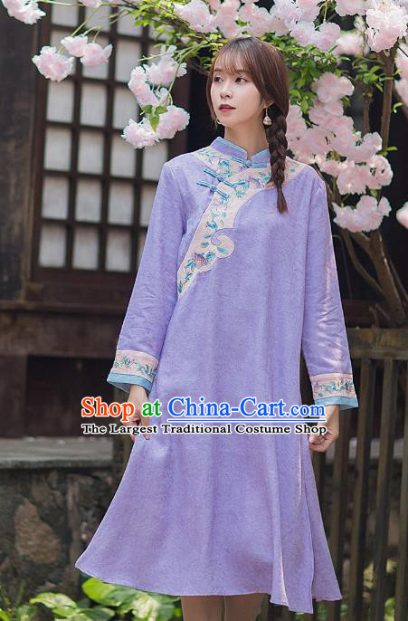 China Classical Embroidered Violet Flax Cheongsam Traditional Young Lady Qipao Dress Tang Suit Zen Costume
