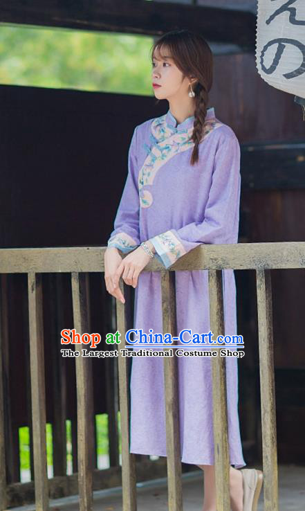 China Classical Embroidered Violet Flax Cheongsam Traditional Young Lady Qipao Dress Tang Suit Zen Costume