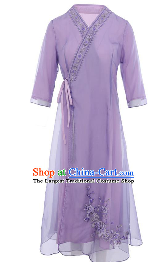 China Classical Young Woman Embroidered Cheongsam Costume Traditional Tang Suit Purple Organdy Qipao Dress