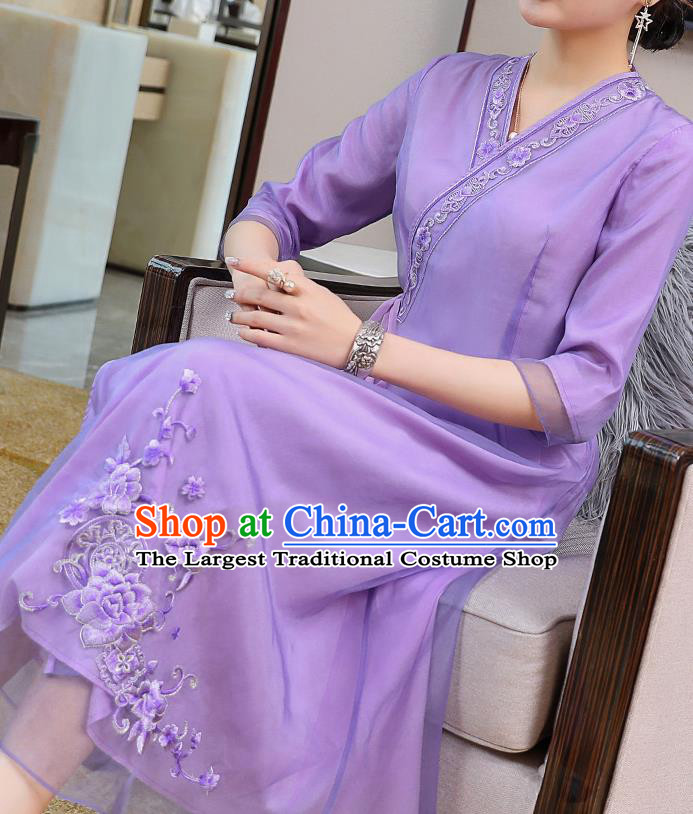 China Classical Young Woman Embroidered Cheongsam Costume Traditional Tang Suit Purple Organdy Qipao Dress
