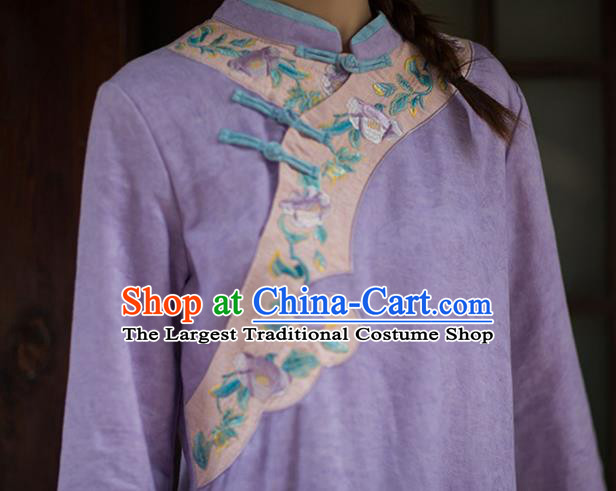 China Classical Embroidered Violet Flax Cheongsam Traditional Young Lady Qipao Dress Tang Suit Zen Costume